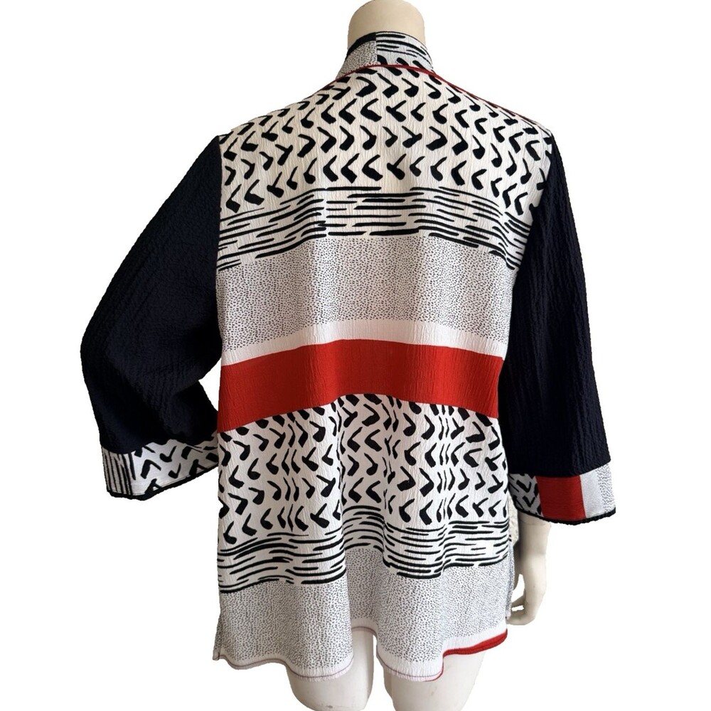 MOONLIGHT Jacket Top Black Geometric Print Asian Art to Wear 3/4 Sleeve Size M - Picture 3 of 7